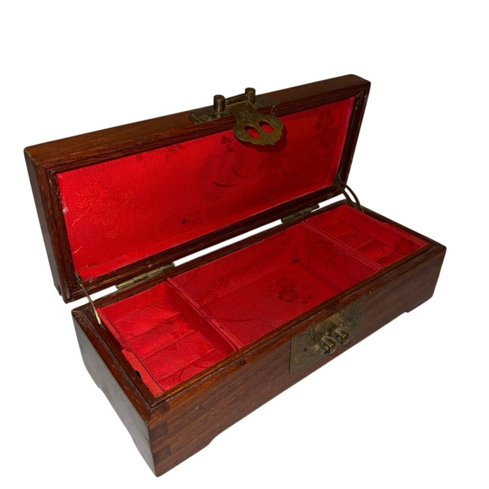 Vintage Chinese Rosewood Jewelry Box Lined With Red Velvet And Brass Fitting
